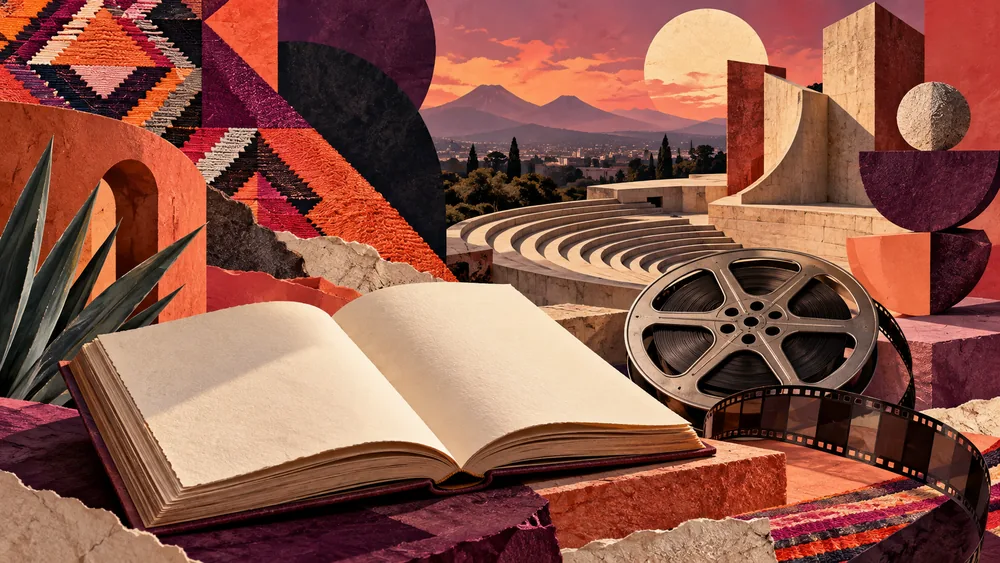 Ilustración de libros, cine y espacios culturales.