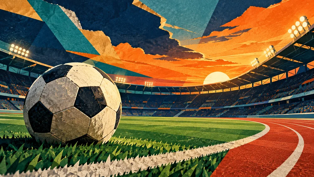 Ilustración de un balón, una cancha y un estadio.