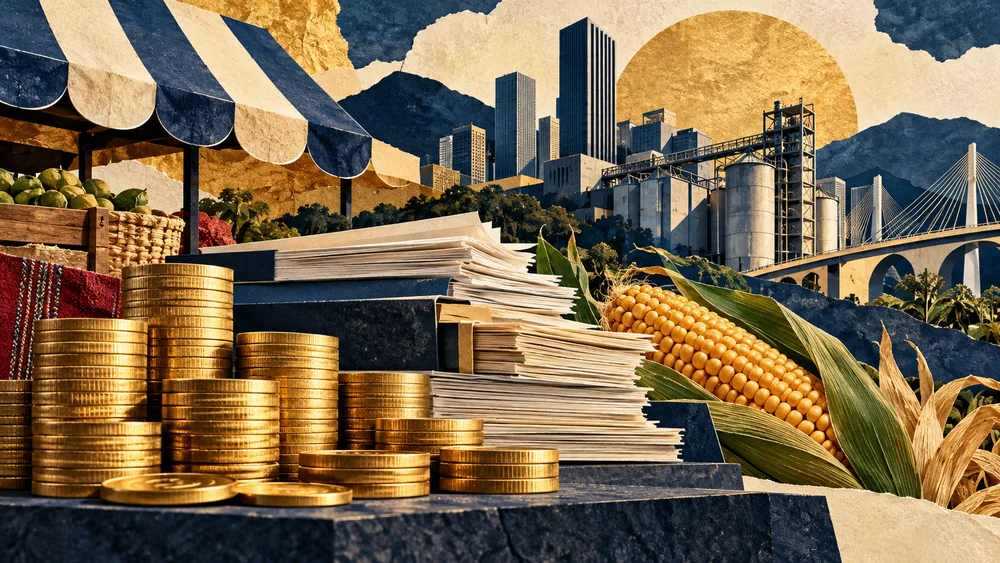 Ilustración de actividad económica, industria y mercados.