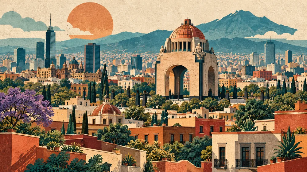 Ilustración de arquitectura y vida urbana de México.