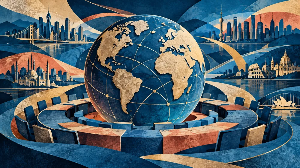 Ilustración de un globo terráqueo y ciudades del mundo.