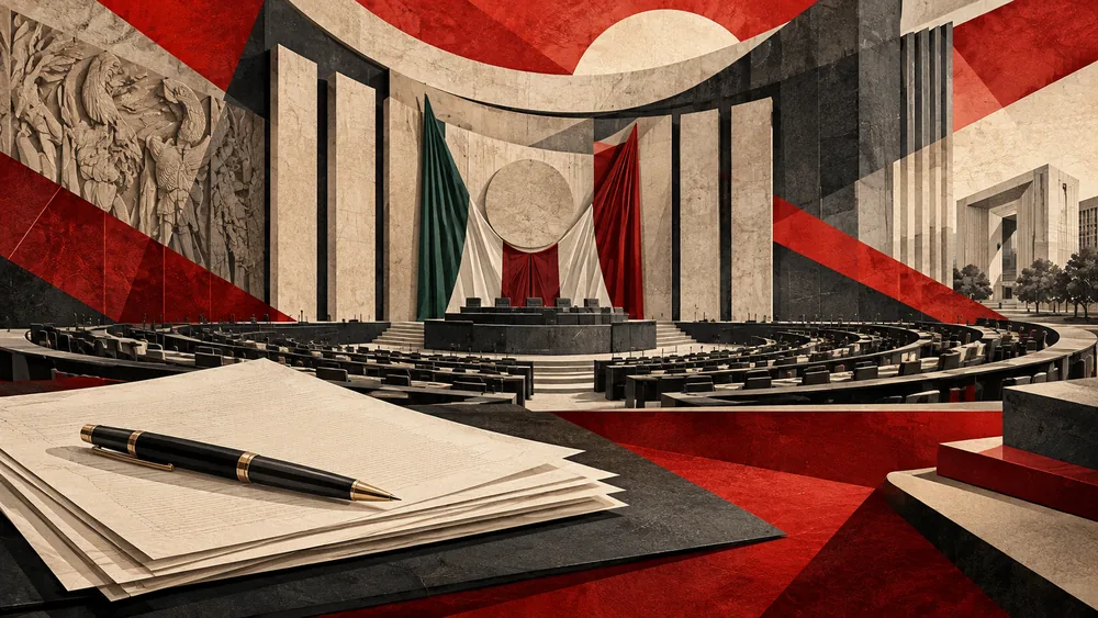 Ilustración conceptual de instituciones y debate público.