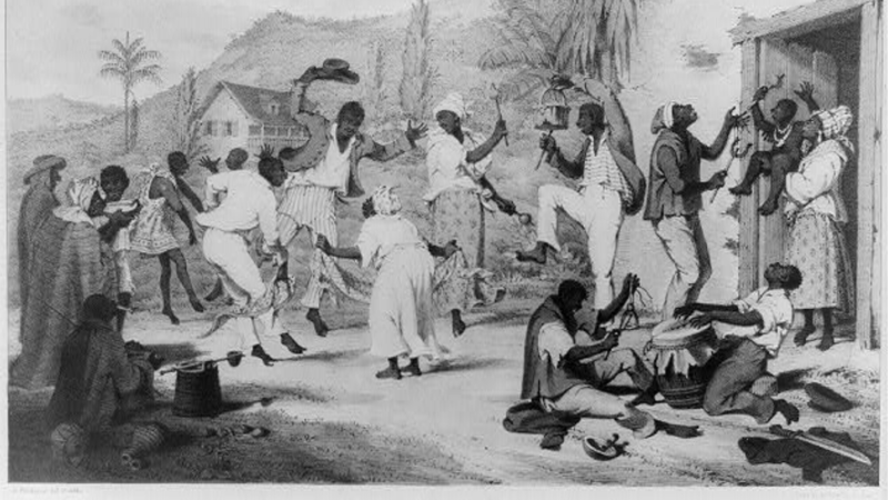 Negro dance / R. Bridgens del et lith.; Day & Haghe lithrs. to the King. Image of lithograph showing Afro-Trinidadians playing music and dancing via the Library of Congress. Public domain.